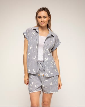 Gestreepte blouse met borduursels en korte mouwen met omslag