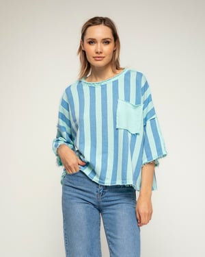 Gestreepte sweatshirt met korte mouwen, zakken en gerafelde afwerking
