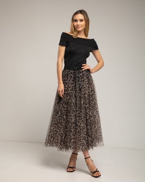 Gelaagde tule midi-rok in A-lijn met dierenprint en een elastische taille.