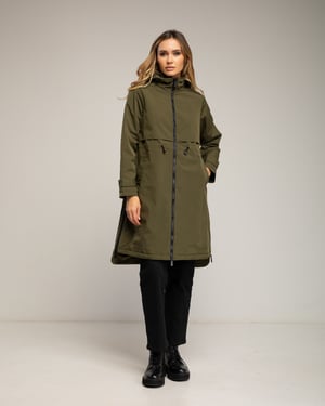 Lange trenchcoat met capuchon, ritssluiting, ritsdetails aan de zijkanten en een verstelbare taille