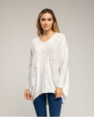 Oversized lange gebreide trui met opgetikte stoffen sterren met strass.