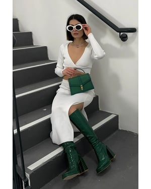 2 Stuks: V-hals Lange Mouwen Crop Top & Hoge Taille Split Maxi Rok