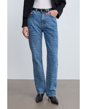 Hoge Taille Rechte Jeans met Textuur