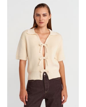 Dames Geribbelde Acryl Polo Cardigan Met Strik Voorzijde