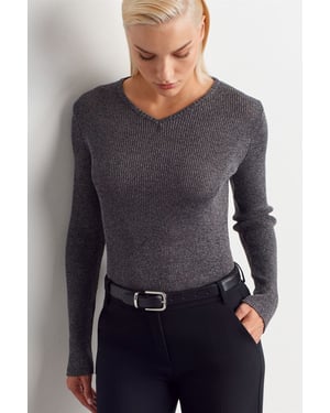 Dames Slim Fit V-Hals Ribbelsweater