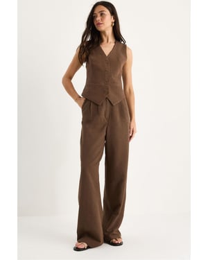 V-hals Vest en Wijde Pantalon Twee-delige Coord Set