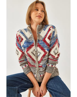 Geometrisch Patroon Ritskraag Cardigan