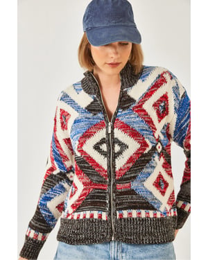 Geometrisch Patroon Ritskraag Cardigan