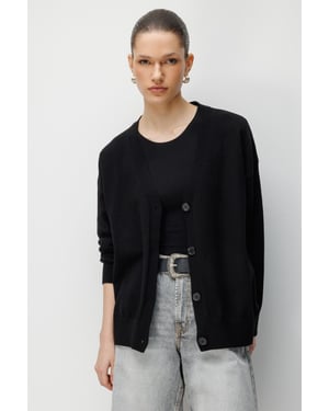 Lange Geribbelde Gebreide Cardigan met V-hals en Knopen Sluiting