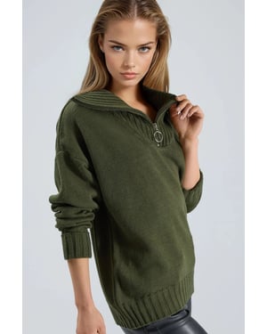 Oversized Geribde Gebreide Trui met Ritskraag
