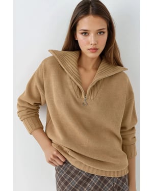 Oversized Geribde Gebreide Trui met Ritskraag