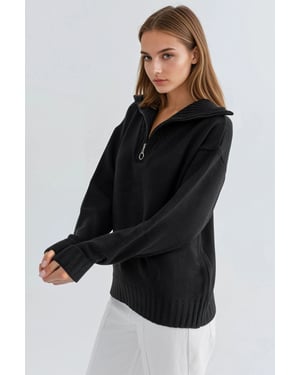 Oversized Geribde Gebreide Trui met Ritskraag