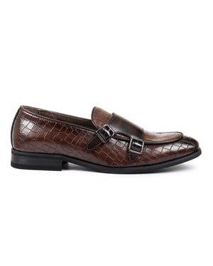 Bruine veganistische leren loafer schoenen met dubbele monk strap loafers voor mannen