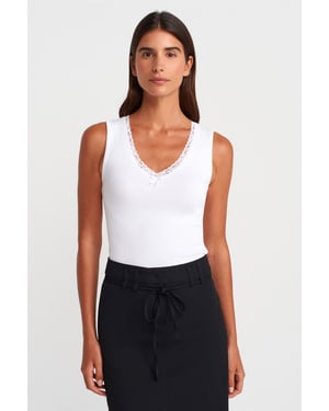 Mouwloze Kant Geribbelde V-hals Blouse
