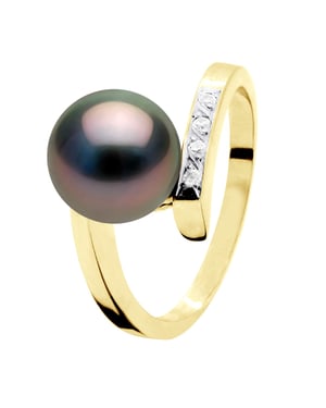 Ring Sieraad Diamant 0,04 Cts Geel Goud - Echte Geprofessioneerde Tahiti Parel Rond 8-9 mm