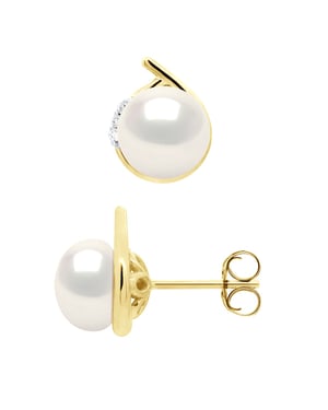 Oorbellen Omgeving Diamanten 0,03 Ct Geel Goud - Echte GeCultiveerde Zoetwaterparels Knop 7-8 mm