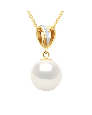 Hanger Dubbel Knoop - Diamanten 0,03 Ct - Geel Goud - Echte GeCultiveerde Zoetwaterparel Rond 10-11 mm