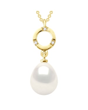 Halsketting Sieraad Diamant 0,01 Ct Geel Goud en Echte Gecultiveerde Zoetwater Parel Peer 9-10 mm