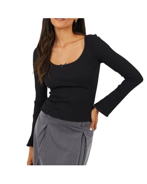 Brave Soul Dames/Dames Top met Lange Mouwen en Geribd Strikdetail (Zwart)