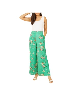Yumi Dames/Dames Satijn Bloemen Broek Wijde Pijpen (Groen)