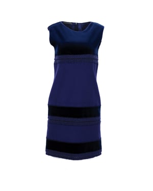 Alberta Ferretti mouwloze kokerjurk met kleurblokken in blauwe wol.
