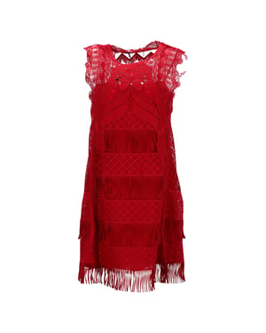 Alberta Ferretti mini-jurk met land- en franjedetails in rood acetaat.