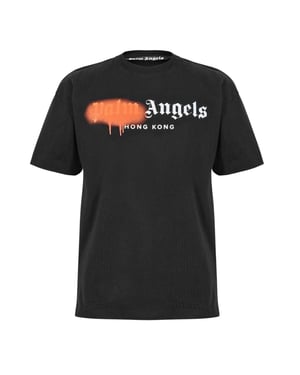 Palm Angels Unisex T-shirt voor volwassenen met Hong Kong-spuitverfprint (Zwart/Oranje)