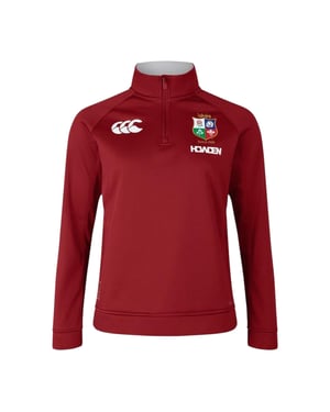 Canterbury Dames-rugbyfleece met kwartrits van de British & Irish Lions 2025 (Rode Dahlia)