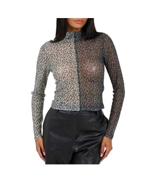 Brave Soul Dames-top met hoge kraag van illusion-mesh (Zwart/Crème)