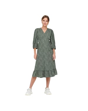 Only Damesjurk Olivia met abstracte print, V-hals, pofmouwen en overslag (Balsem Groen)