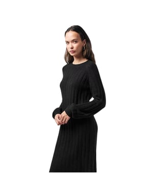 Pieces Gebreide midi-jurk met ronde hals en lange mouwen voor dames (Zwart)