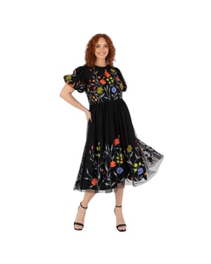 Maya Deluxe Midi-jurk voor dames met bloemenprint, ronde hals en pofmouwen (Zwart)