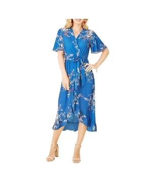 Mela London Damesjurk met bloemenprint, V-hals en golvende vouwdetails (Blauw)