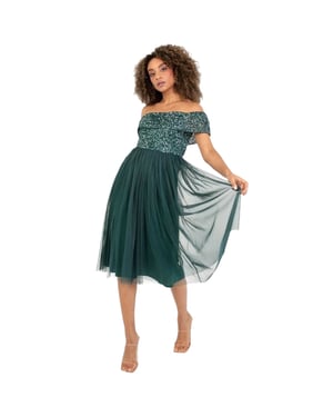 Maya Deluxe Dames Sequin Bardot Korte Mouw Midi Jurk (Emerald)