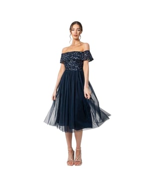 Maya Deluxe Dames/Maatschappij Sequin Bardot Korte Mouwen Midi Jurk (Marineblauw)