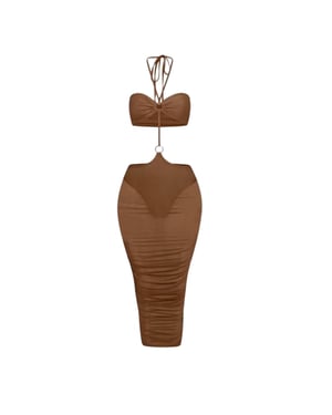 Honeyz Midi-jurk met halternek en mesh-details voor dames, met strakke pasvorm (Bruin)