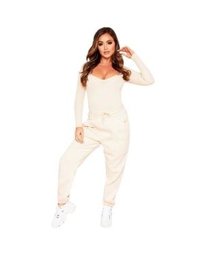 Missy Empire Damesbodysuit met cups en geribde lange mouwen (Crème)