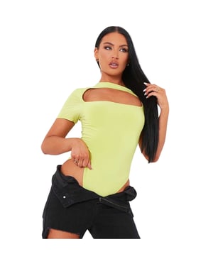 Missy Empire Dames/Dames Uitgesneden Bodycon Bodysuit met Korte Mouwen (Kalk)