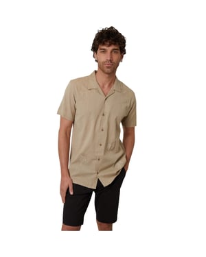 Threadbare Heren Borduuroverhemd met Korte Mouwen (Stone)