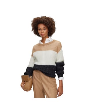 Boss Dames-trui met ronde hals en kleurblokken (Zwart/Wit/Beige)