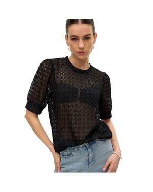 Vero Moda Damesblouse met ronde hals en een ruime pasvorm (Zwart)