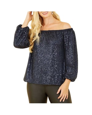 Yumi Damesblouse met pailletten en blote schouders (Marine)