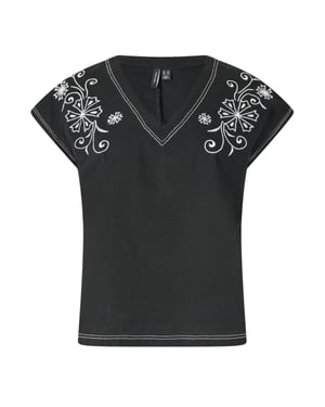 Vero Moda Damesblouse met V-hals, korte mouwen en borduursel (Zwart)