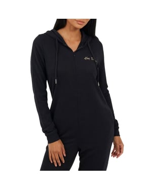 Brave Soul Dames-pyjama met capuchon, lange mouwen en opschrift (Zwart/Rose goud)