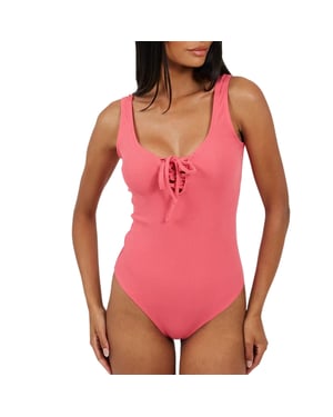 Brave Soul Dames Kanten Bodysuit met Veters (Roze)