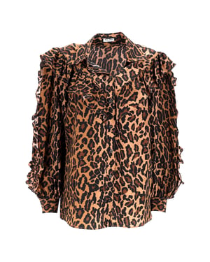 Miu Miu blouse met luipaardprint en ruches in bruine zijde