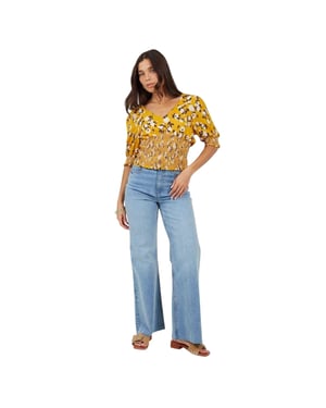 Brave Soul Damesblouse met bloemenprint, V-hals en pofmouwen (Bloemen/Geel)