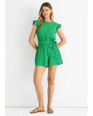 Groene playsuit met stretchtextuur, ruches en elastische tailleband