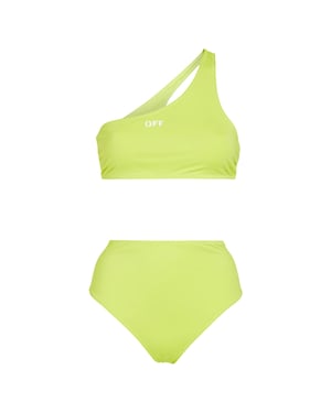 Off White Tweedelig zwempak met hoog kruis en logo voor dames (Flo Geel)