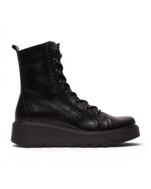 Fly London dames zwarte leren veterschoenen met wedge-hiel gevechtslaarzen - TERY554